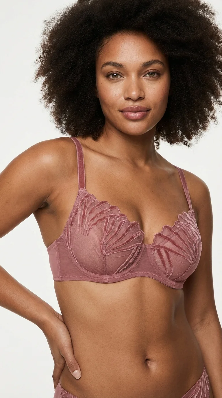 LunaIntim Desteksiz Gül Kurusu Balenli Sütyen Transparan Brodeli Şık Model - Ön Görünüm